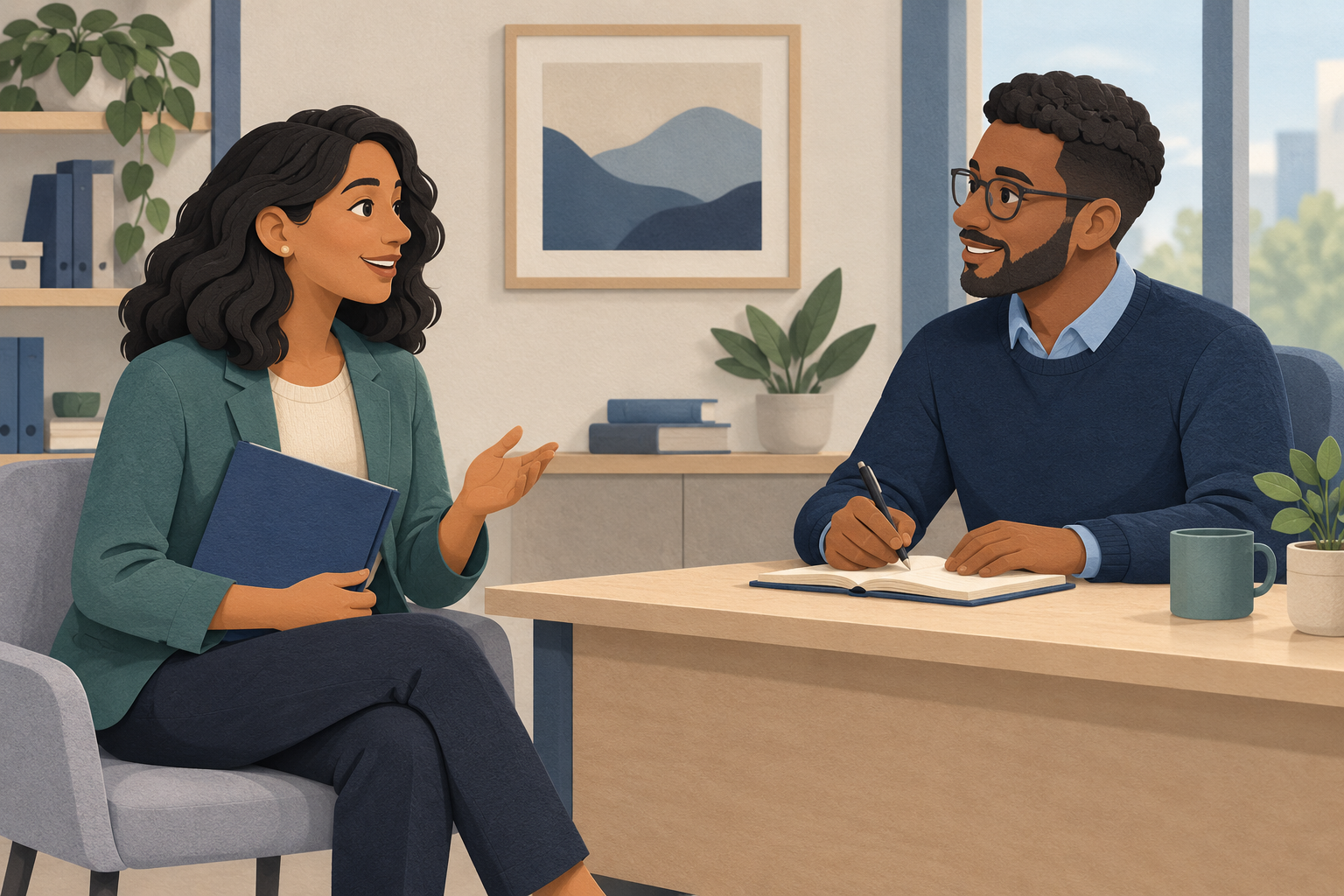 Illustration of two adults having a friendly job interview across a desk.